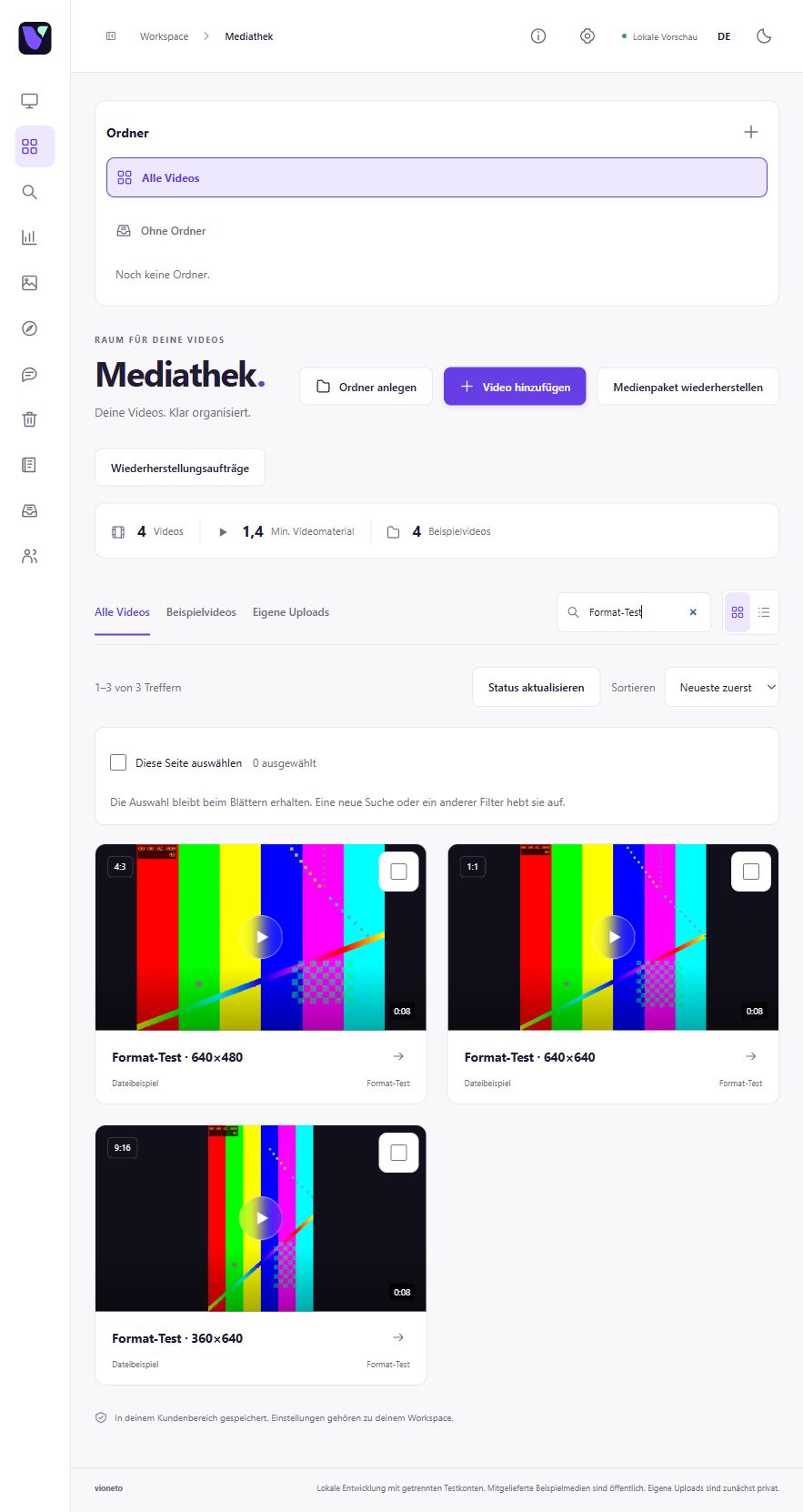 Vioneto-Mediathek mit Suchfeld und drei Beispielvideos in unterschiedlichen Formaten.